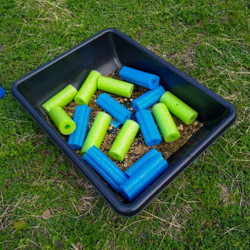 A forage box for horses made of black plastic pan, feed on bottom, and cut up pool noodles for horse enrichment on top.