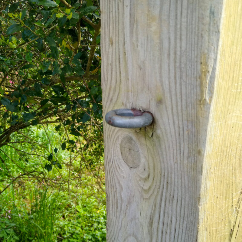 An eyebolt in a large wooden gate post.