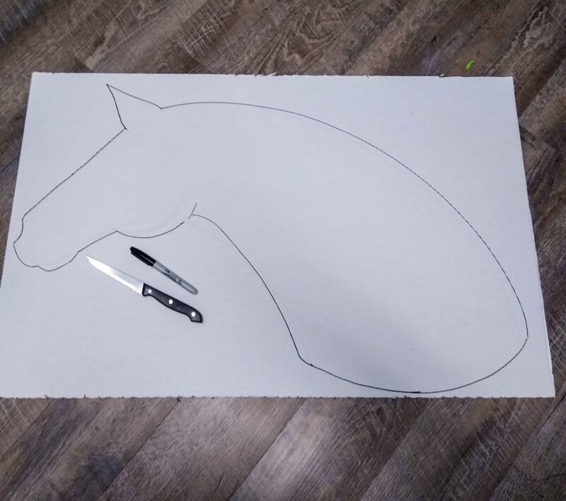 Draw the shape a horse head and neck to make the outline for the horse mane browse board.