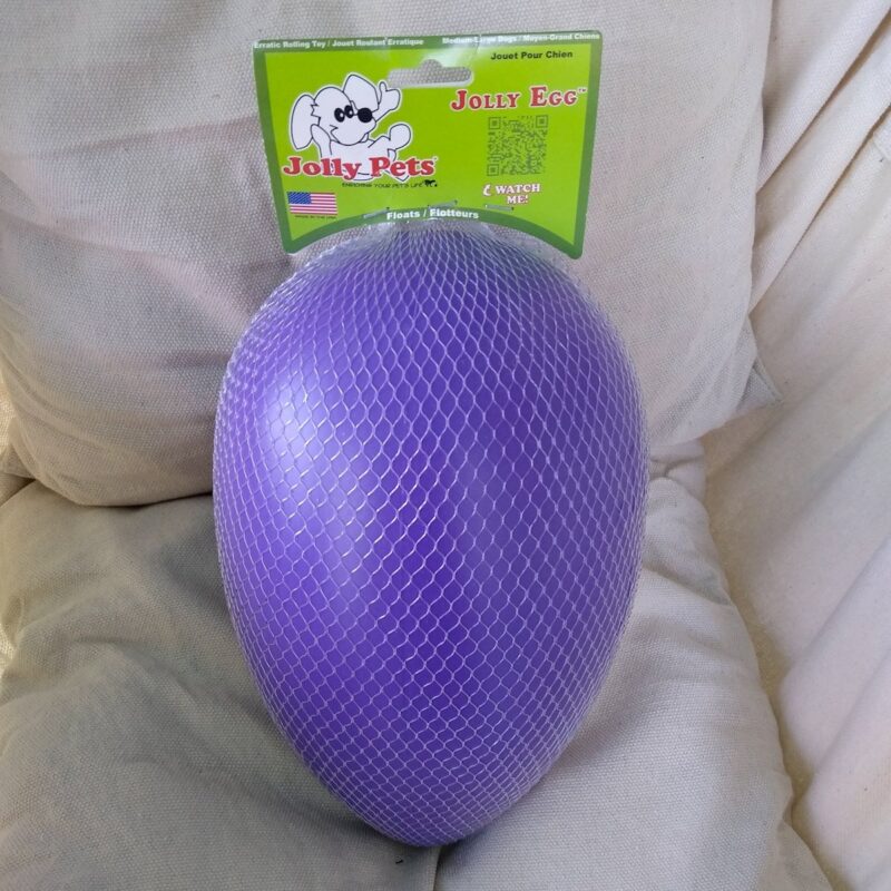 A new purple Jolly Pets Jolly Egg toy in packaging before creating a DIY hay ball for horses.
