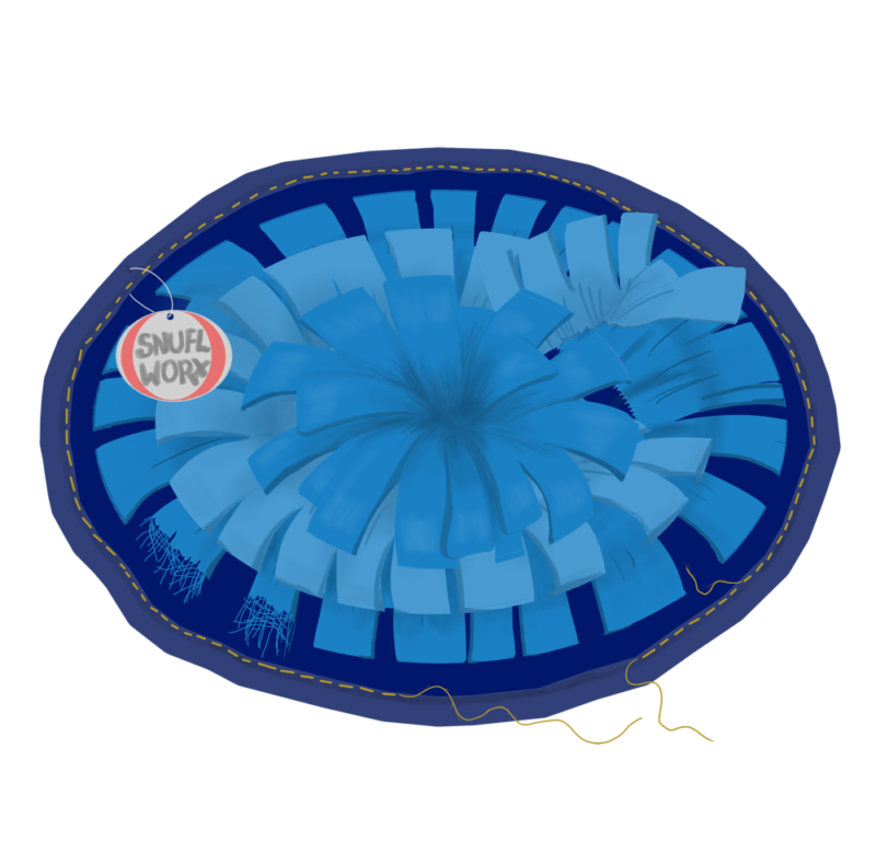 A  round, blue, dangerous snuffle mat with lots of safety concerns that should not be used for your horse.