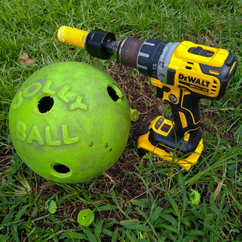 A green Jolly Ball toy for horses next to a cordless DeWalt drill. 