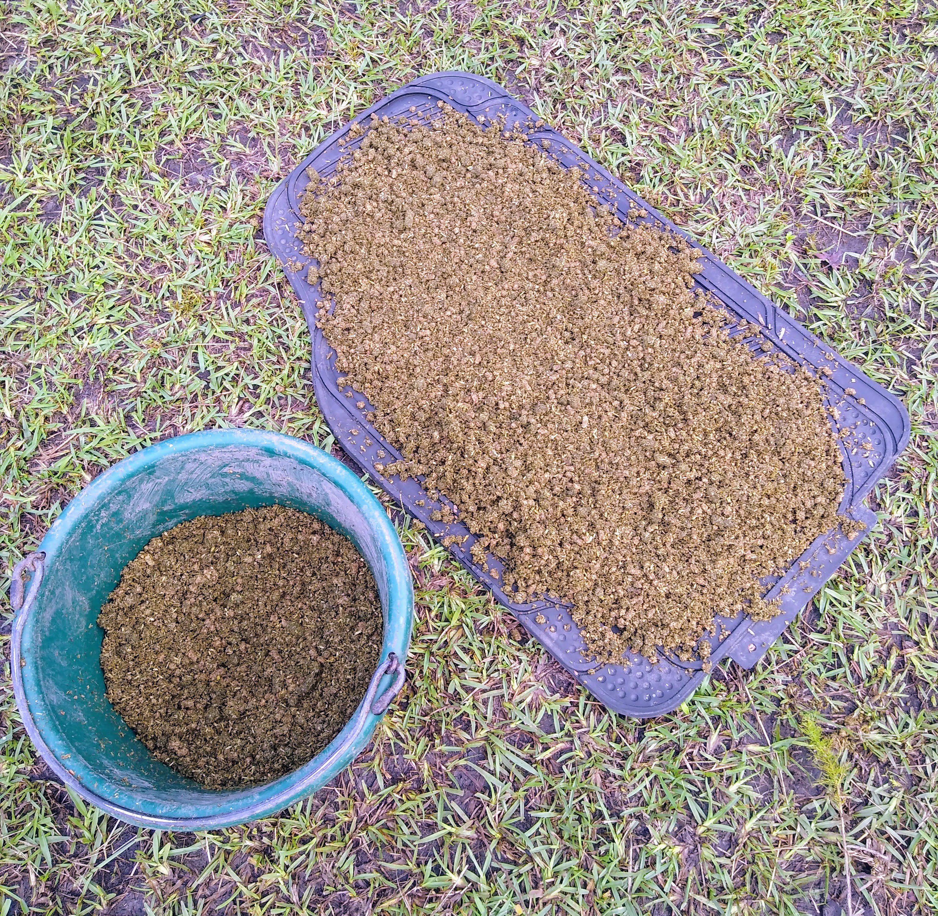 A green bucket of horse feed is on the left. The slow feeder mat for horses is on the right with a serving of horse feed.