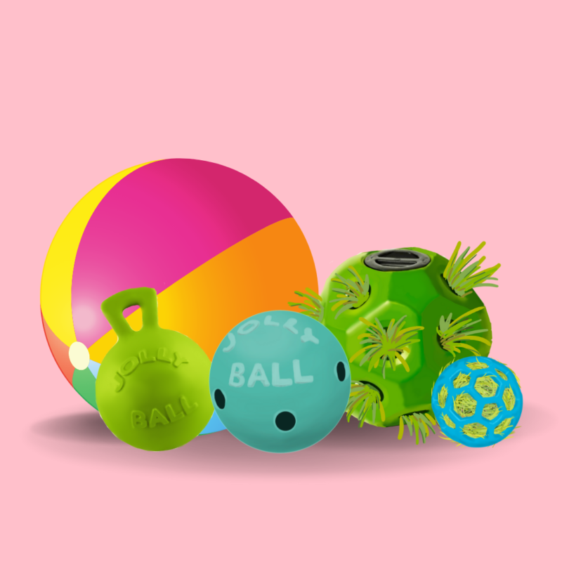 A variety of horse ball toys on a pink background. From left to right: rainbow color yoga ball, green Jolly Ball Tug n Toss, teal Jolly treat roller ball, green hay ball, and blue hol-ee roller webby ball. 