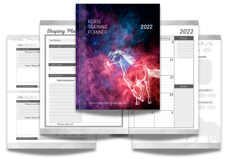 Horse training planner cover overlaid on sample pages from clicker training planner including shaping plan, calendar, positive reinforcement session logs, horse profiles pages.