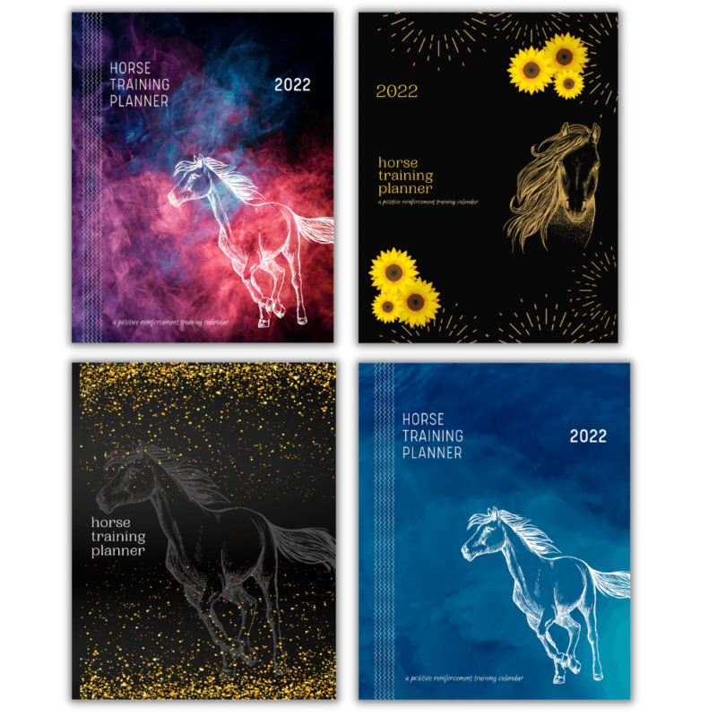 Four cover designs. Clockwise from left, Horse Training Planner Positive Reinforcement 2022 Planner and Journal in Purple Smoke, Sunflower Black, Sparkle Black, Ocean Blue.