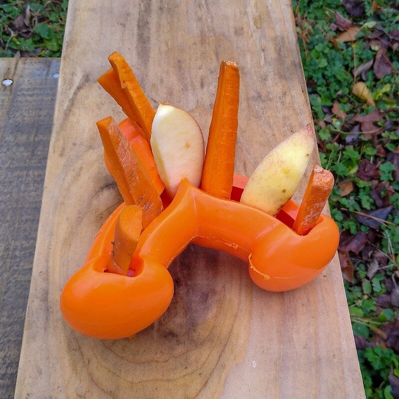Kong Quest Wishbone dog toy in orange, resting on one side with carrots and apple slices sticking out of top