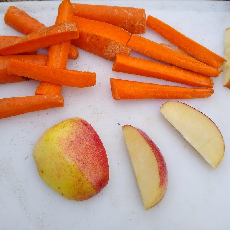 Carrot sticks and apple wedges on white cutting board