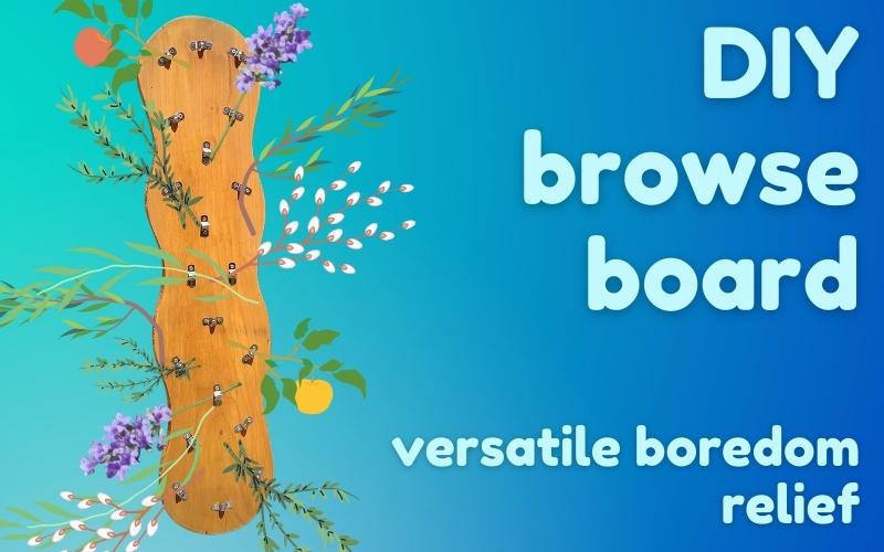 Blue background hero image with light blue text. Text reads DIY Browse board. Versatile boredom relief. To left, vector image of wooden browse board for horses with variety of plant branches.