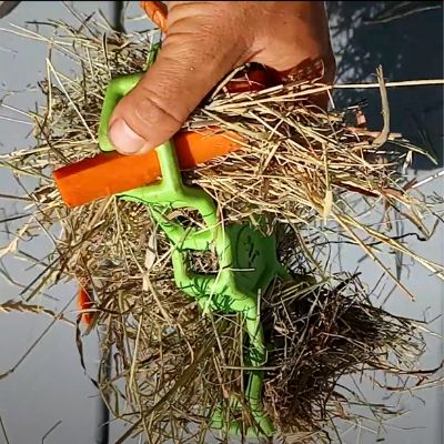 A thumb in upper half of image pushes a carrot stick through a hole in the Hol-ee Bone toy.