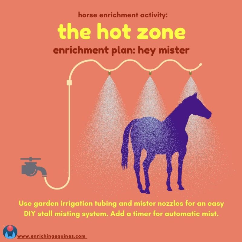 Infographic image with orange coral red background. Above, red and yellow text reads: Horse enrichment activity: The Hot Zone. Enrichment plan: hey mister. 

In center, silhouette of horse standing in DIY misting system for barns. 

Below,  yellow text reads: Use garden irrigation tubing and mister nozzles for an easy DIY stall misting system. Add a timer for automatic mist. 