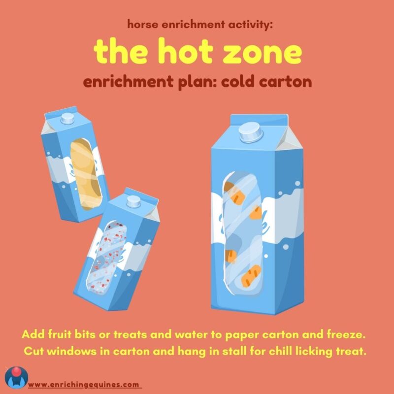 Infographic image with orange coral red background. Above, yellow and red text reads: Horse enrichment activity. The Hot Zone. Enrichment Plan: Cold Carton. 

Image of equine ice block cartons in center with different treats. Below, yellow text reads: Add fruit bits or treats and water to paper carton and freeze. Cut windows in carton and hang in stall for a chill licking treat.