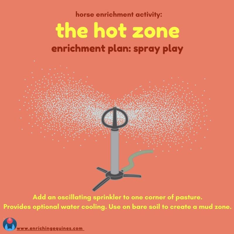 Infographic image with coral red orange background. Above, red and yellow rounded text reads: Horse enrichment activity: the hot zone. Enrichment plan: Spray play. Image of yard sprinkler. Below, yellow text reads: Add an oscillating sprinkler to one corner of pasture. Provides optional water cooling. Use on bare soil to create a mud zone. 