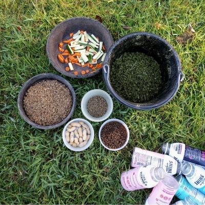 A selection of treats for making DIY horse toys, seen from above. Clockwise from top, tray of chopped cucumber and carrot; small bucket of hay pellets; 2 oz equine joint supplement pellets, 4 oz equine senior feed, 2 oz peanuts in shell, and small pan of soaked equine forage balancer. 