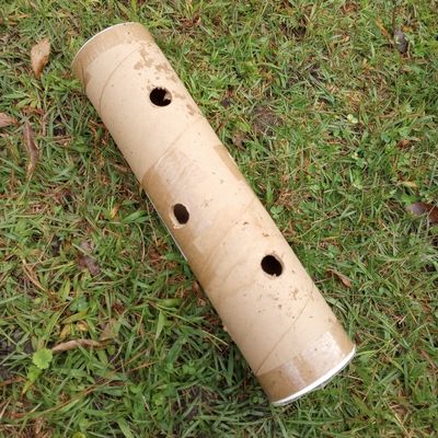 A cardboard shipping tube with holes throughout. 