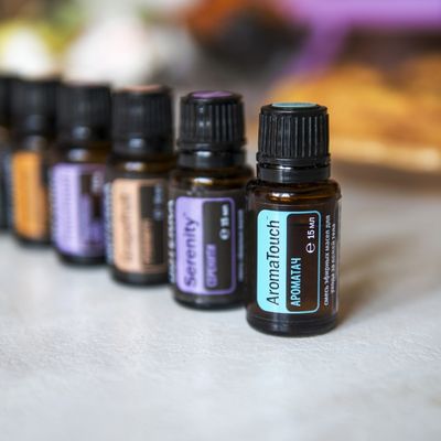Close up of aromatherapy essential oil bottles.