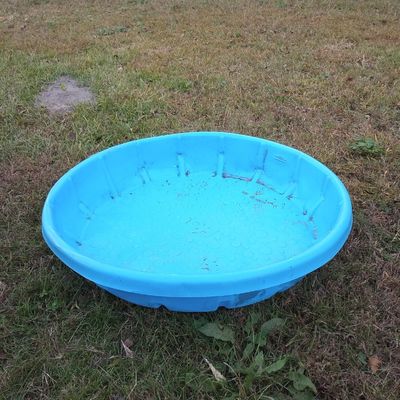 An empty blue plastic kiddie pool on a grass background. 