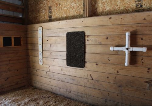 DIY scent board for horses in stall next to horse scratching panel and DIY slow feeder toy