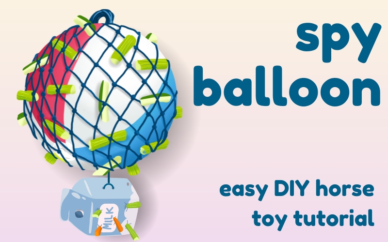 Enriching Equines blog post hero image shows DIY spy balloon horse toy made from beach ball and treats above a payload of carton with carrot sticks. Text reads: Spy Balloon. easy DIY horse toy tutorial