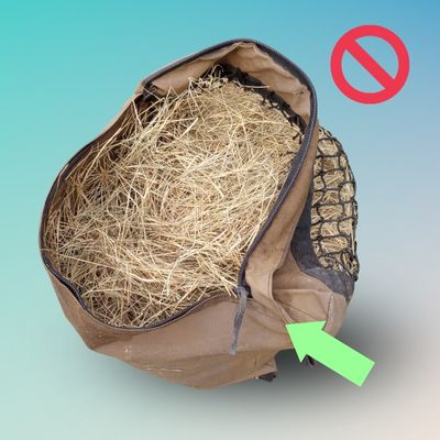 Illustration showing how NOT to zip up a Hay Pillow for horses, with bag stuffed to capacity and zipper pulled wide.