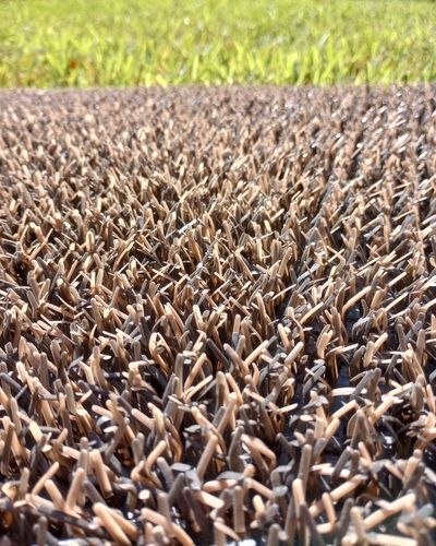 Close up image of brown faux turf. 