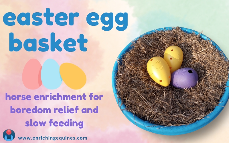 Blog post hero image on pastel background with blue and purple text. Blue text reads: Easter egg basket. Horse enrichment for boredom relief and slow feeding. Image to right shows blue kiddie pool with straw and yellow and purple Jolly Egg toys used for equine enrichment.