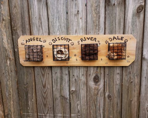 Image of social scent board for horses enrichment item installed against a wood panel barn wall. Scent board has hair from three horses and hoof trimmings. 