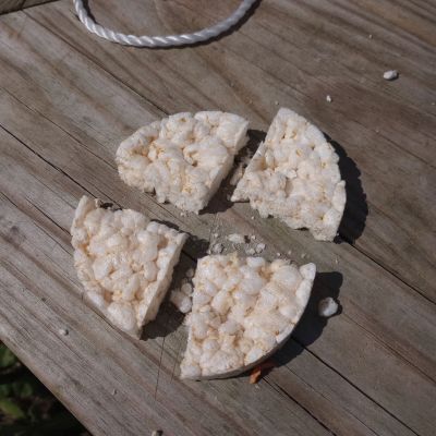 A rice cake cut into quarter wedges to make a DIY horse toy.